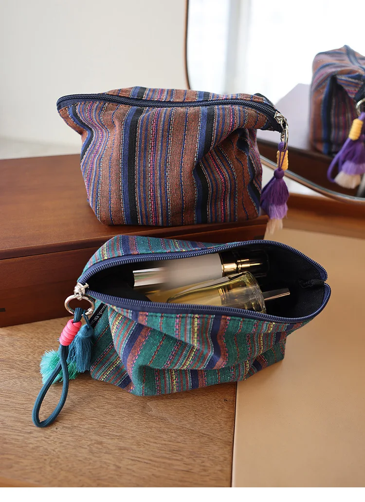 Bunt gestreifte Fransen-Anhänger-Make-up-Tasche im Ethno-Stil für Damen, mit Reißverschluss, für Reisen, tragbare Aufbewahrungstasche, Innenfutter-Tasche, Clutch – Detail 2
