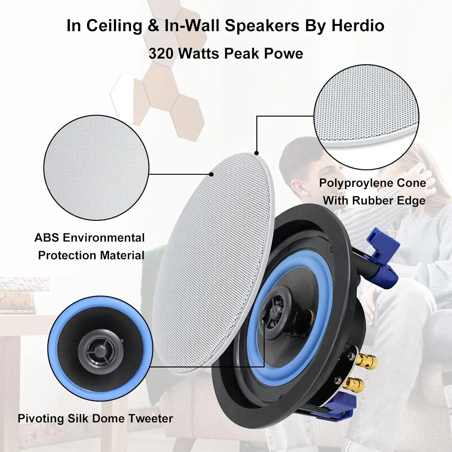 Herdio 4'' 160Watt Flush Mount Two-way Stereo Ceiling Bluetooth Speaker For Indoor Outdoor Placement In Bathroom Kitchen Bedroom