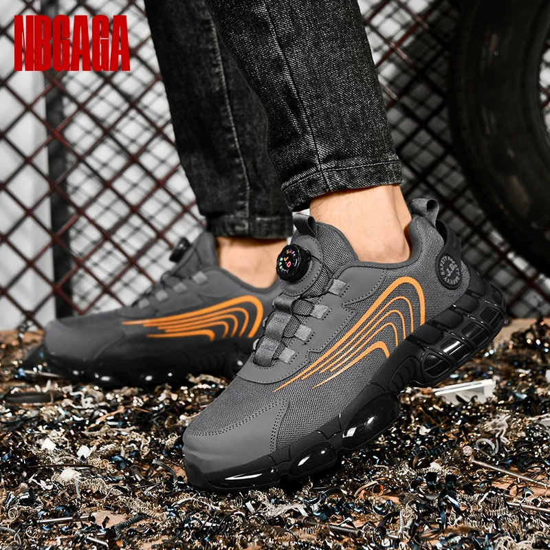 

Men Safety Work Shoes Steel Toe Anti Puncture Running Sneakers with Rotating Buckle Quick Lace Slip Resistant Protective Shoes
