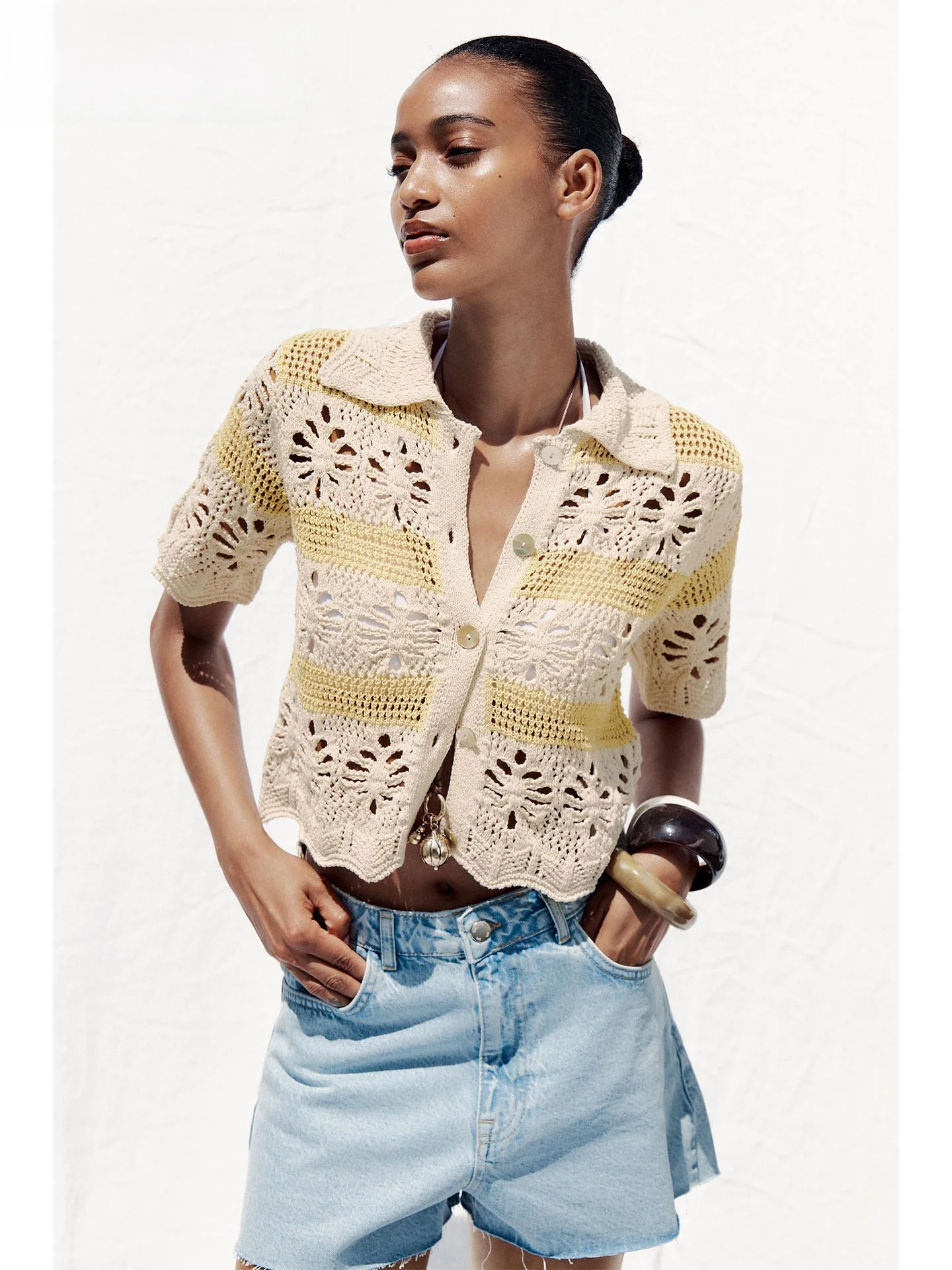 

ZAPRHA 2025 Summer New Sweetened Floral Knitted ort Top Loose Fit Open Cardigan Sle Regular Svel Stand Collar Design