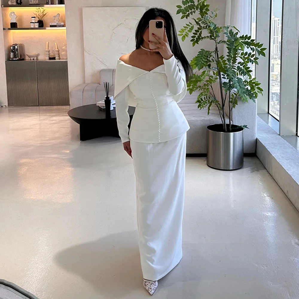 

Customized Off the Shoulder Long Sleeves Evening Dress Elegant Straight Party Dress High Quality Buttons Celebrity Gowns