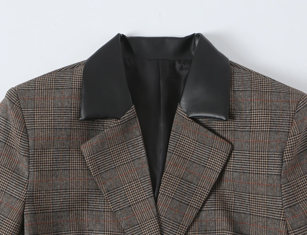KONDALA Women Retro Elegant Plaid Blazer Commute Old Money Aesthetic Slim Blazer 2026 Spring Fall Chic PU Splicing Collar Blazer
