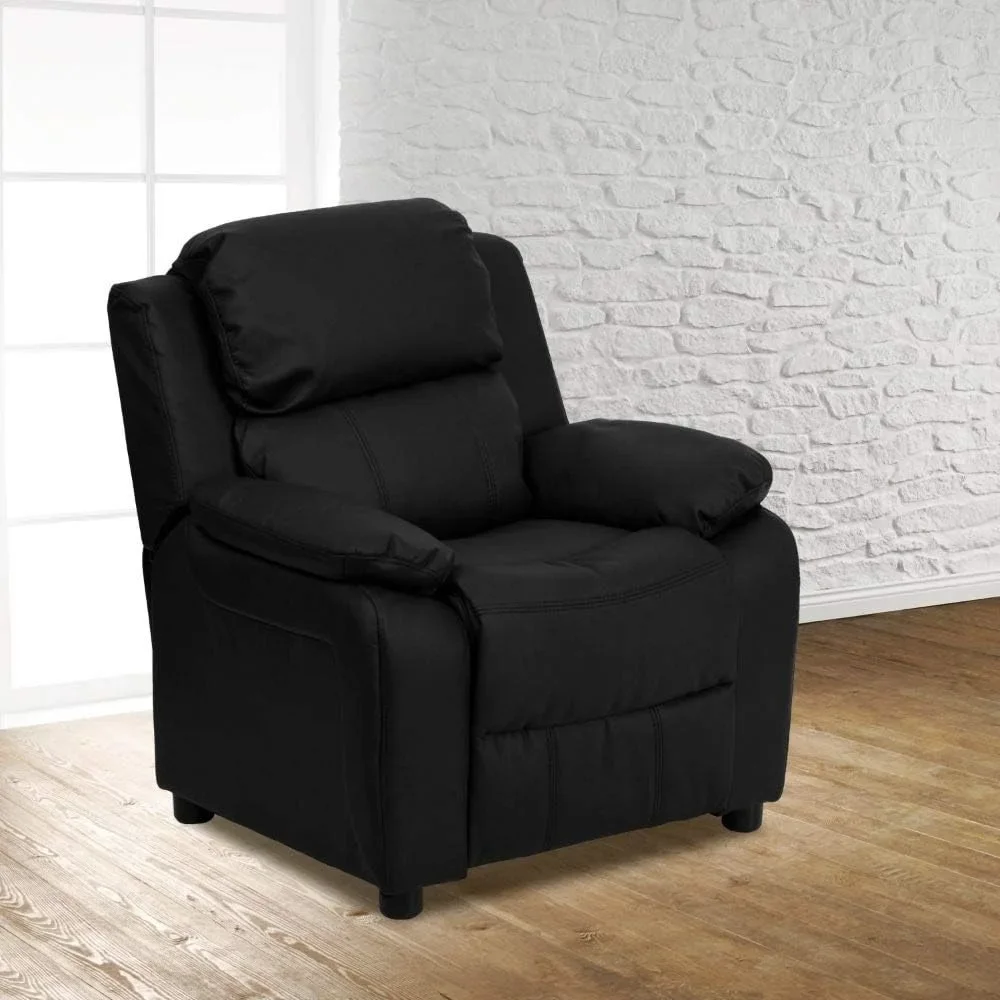 Charlie LeatherSoft Kids Recliner with Flip-Up Storage Arms and Safety Recline, Contemporary Reclining Chair for Kids