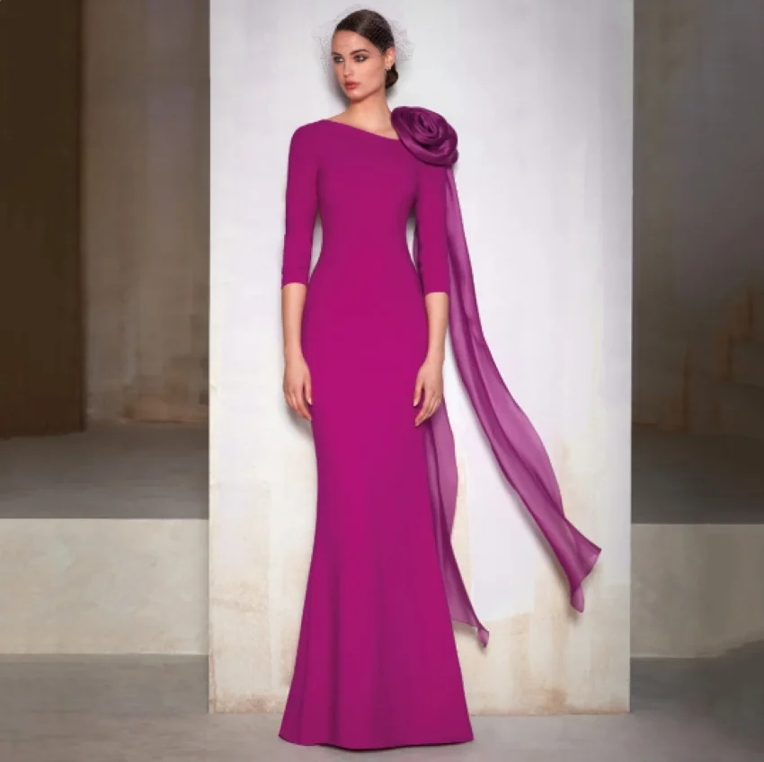 

Lower Back Plus Size Wedding Guest Gown Long Fuchsia Evening Dress Elegant 3/4 Sleeves Mother's of the Bride Dress with Flower