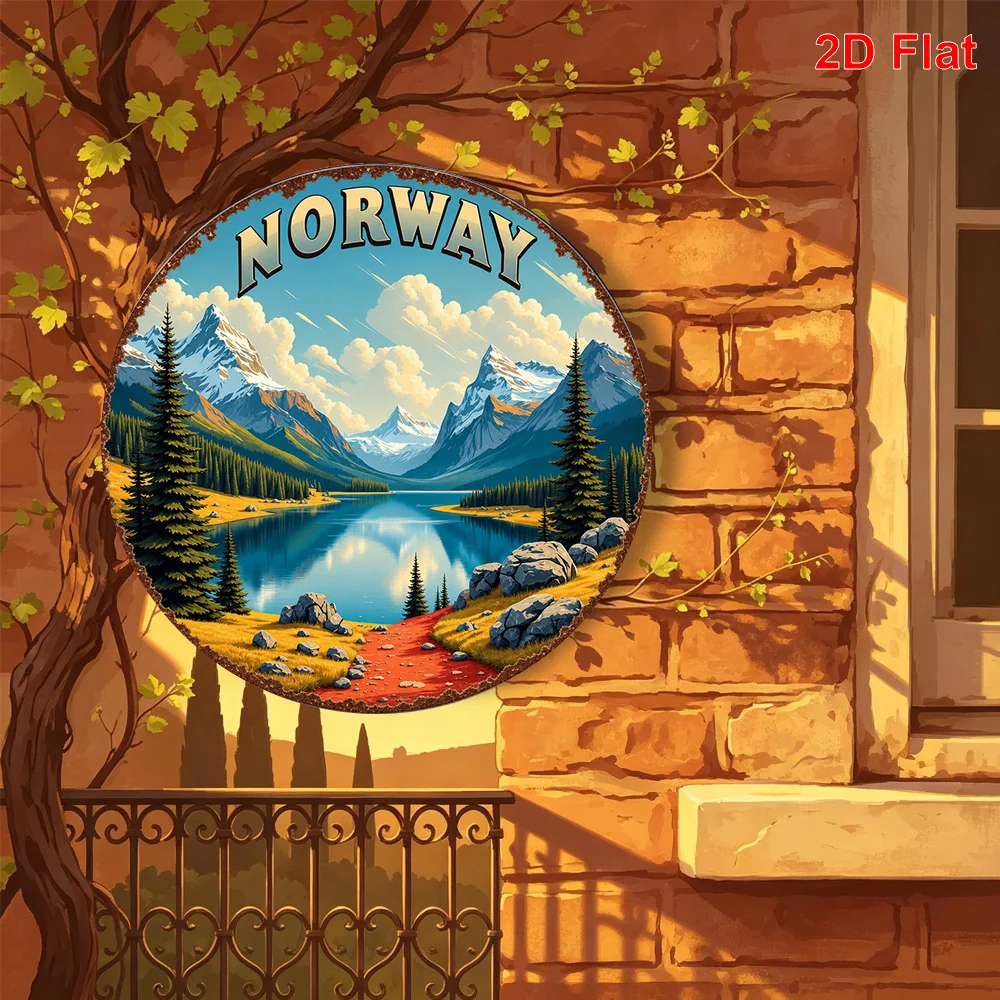 2D Flat 1pc Norwegian Fjord Landscape Pattern Metal Skin Sign Round Decorative Painting, Size (7.87In X 7.87In / 20Cm X 20Cm), S