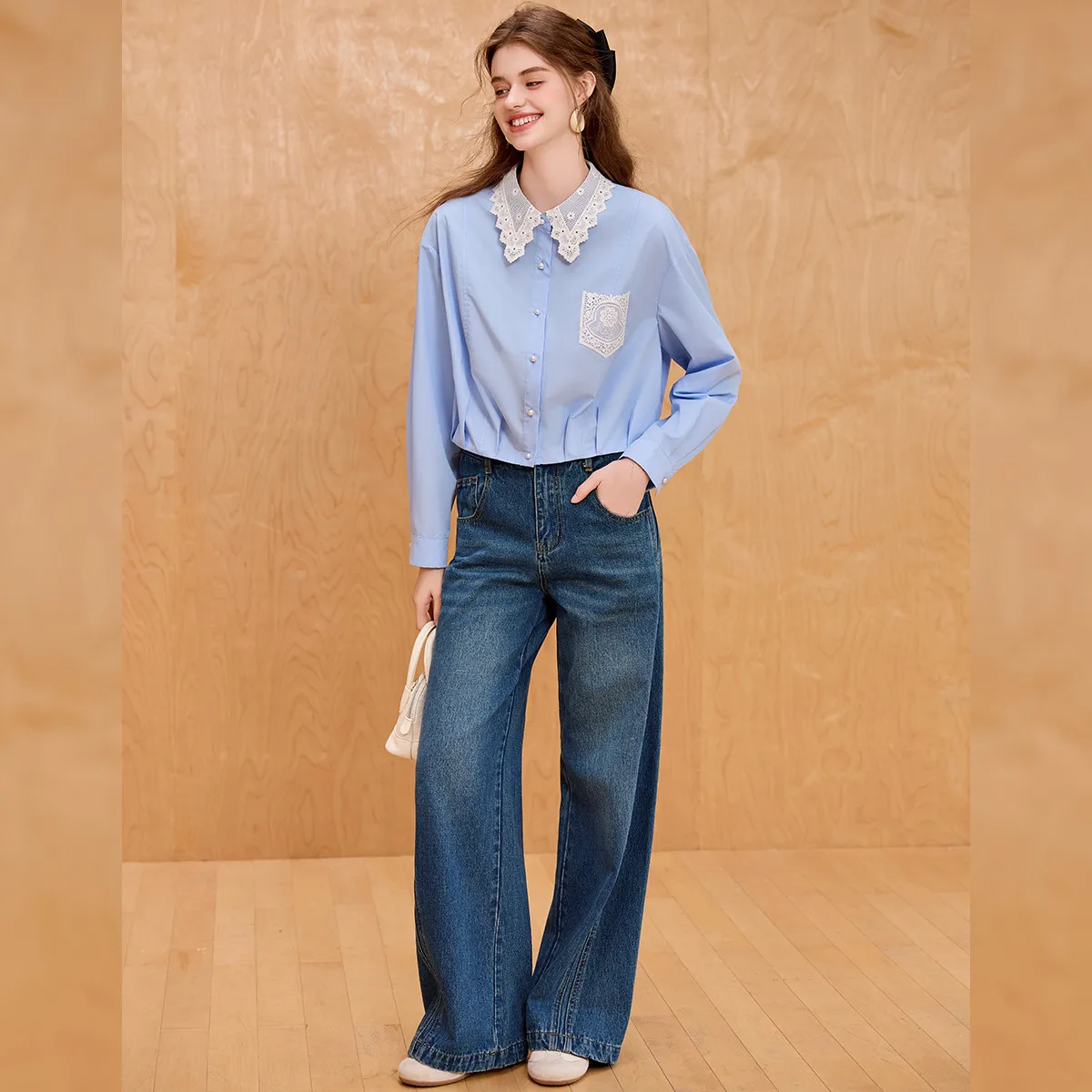 Collar Pocket Lace Splicing Shirt 2025 Autumn Women Commuter Drop Shoulder Sleeve Elegant Blouse Top 