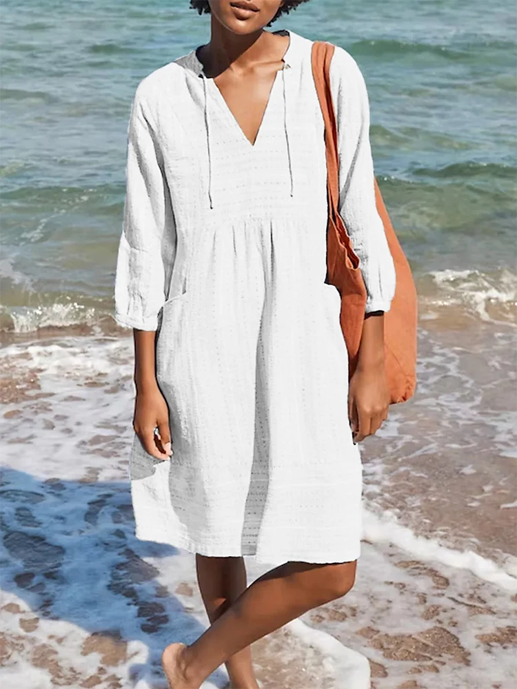 Summer Halter Beach Dress Women Solid Color Three Quater Sleeve V-neck MIDI Women's Dress Cotton Linen Casual Holiday Vestidos