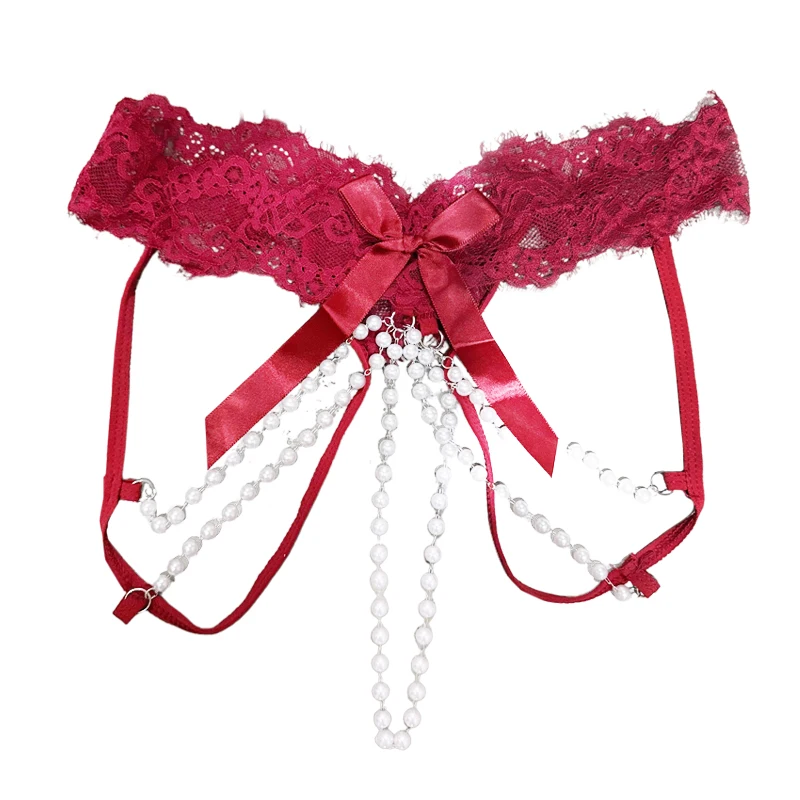 

Сексуальные трусики с жемчужной цепочкой, кружевной отделкой и бантиком, прозрачные, без заднего шва