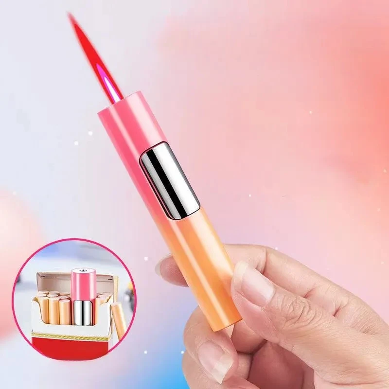 Mini Pink Flame Windproof Lighter Cute Metal Direct Injection Luminous Inflatable Portable Lighter for Women Smoking Gift