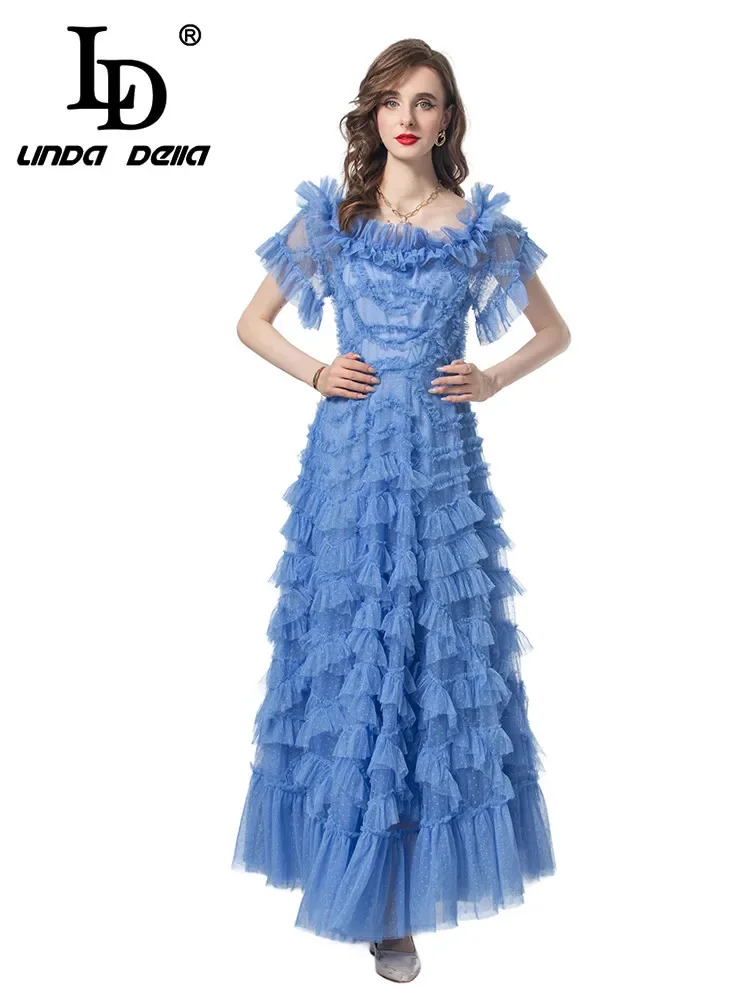 

LD LINDA DELLA Fashion Designer Summer Dress Women's Net Yarn Cascading Ruffle Polka Dot Embroidery Temperament Backless Dresses