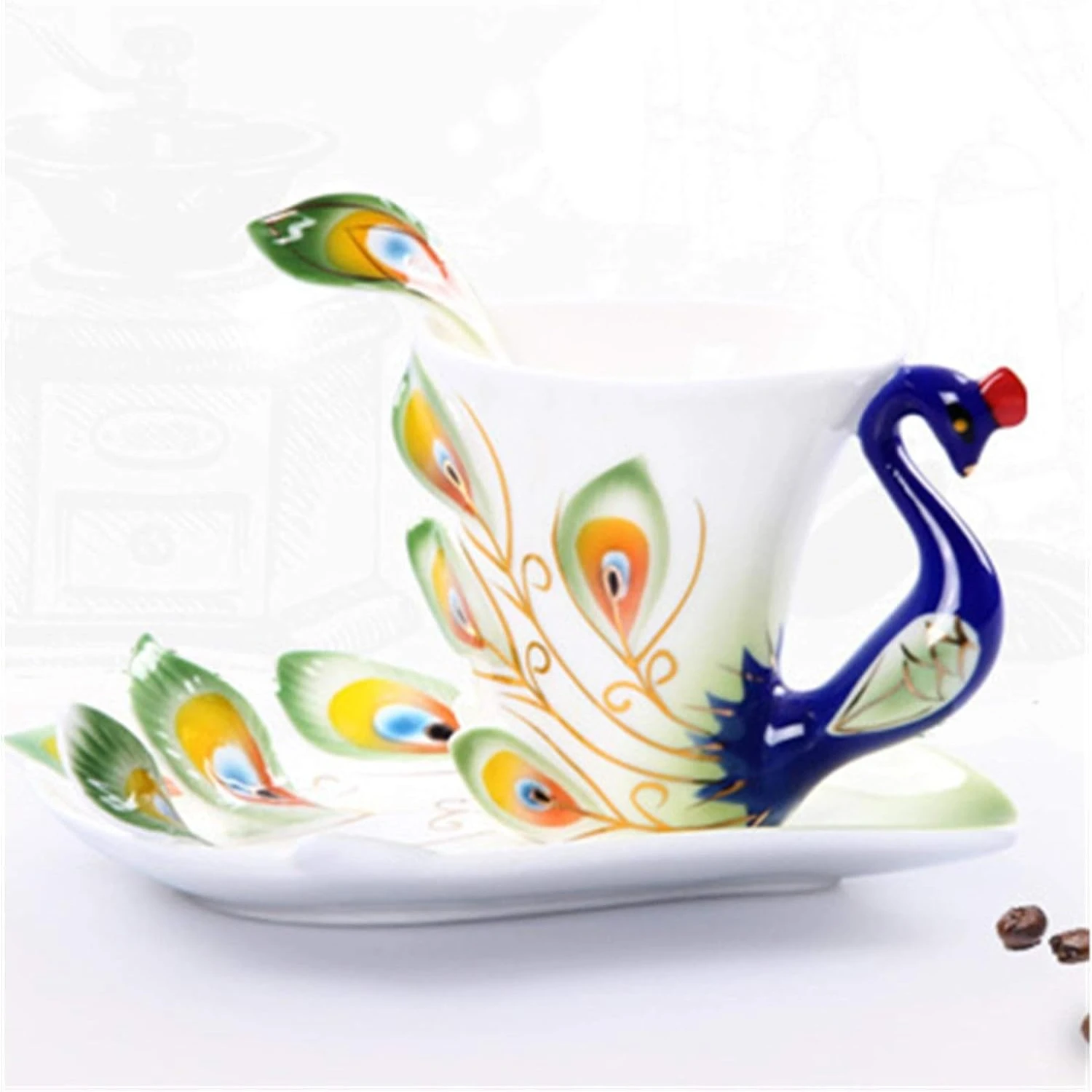 Exquisite, Stylish and Beautiful 3D Porcelain Peacock Coffee Cup Set with Saucer and Spoon - Gorgeous Ceramic Mugs for a Perfect