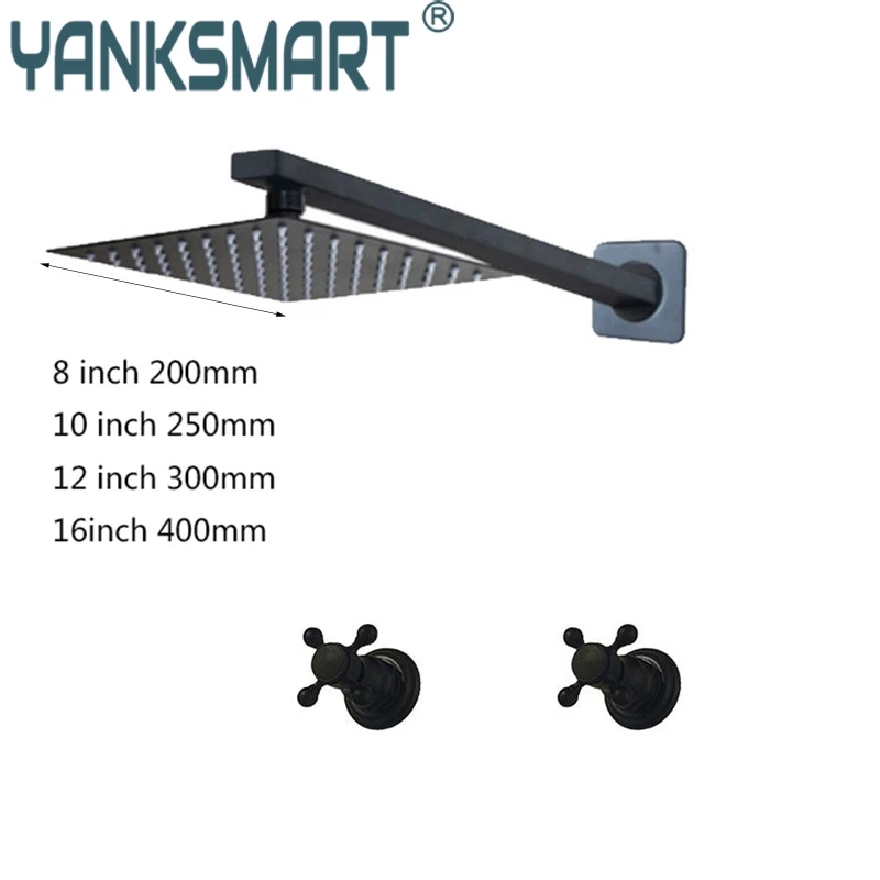 YANKSMART Matte Black Bathroom Rainfall Square Shower Head With Arm Combo Bathtub Wall Mounted Shower Mixer Water Faucet Set