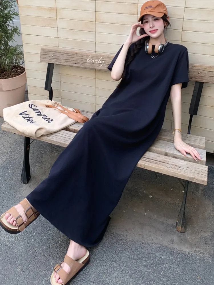 Zomer Oversize Zwarte T-shirt Jurk Vrouwen Koreaanse Losse Split Biglarge Korte Mouw Dames Jurken Lange Vrouw Jurk Vestidos