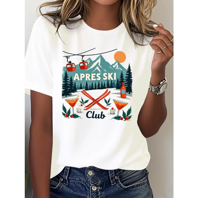 

Ladies Apres Ski Retro Winter Club T-shirt Ski Pattern T-shirt Alpine Design Soft Solid Color Round Neck Top Ski Casual T-shirt