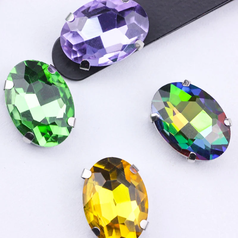 Colorful Oval Shape Glass Crystal AB Sew On Rhinestones With Siery Claw Diy