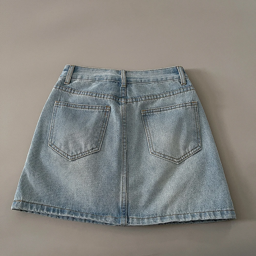 Women Casual A-Line Denim Short Skirt Vintage Solid Color High Waist Pockets Beach Holiday Party Skirts for 18-24 Years Old