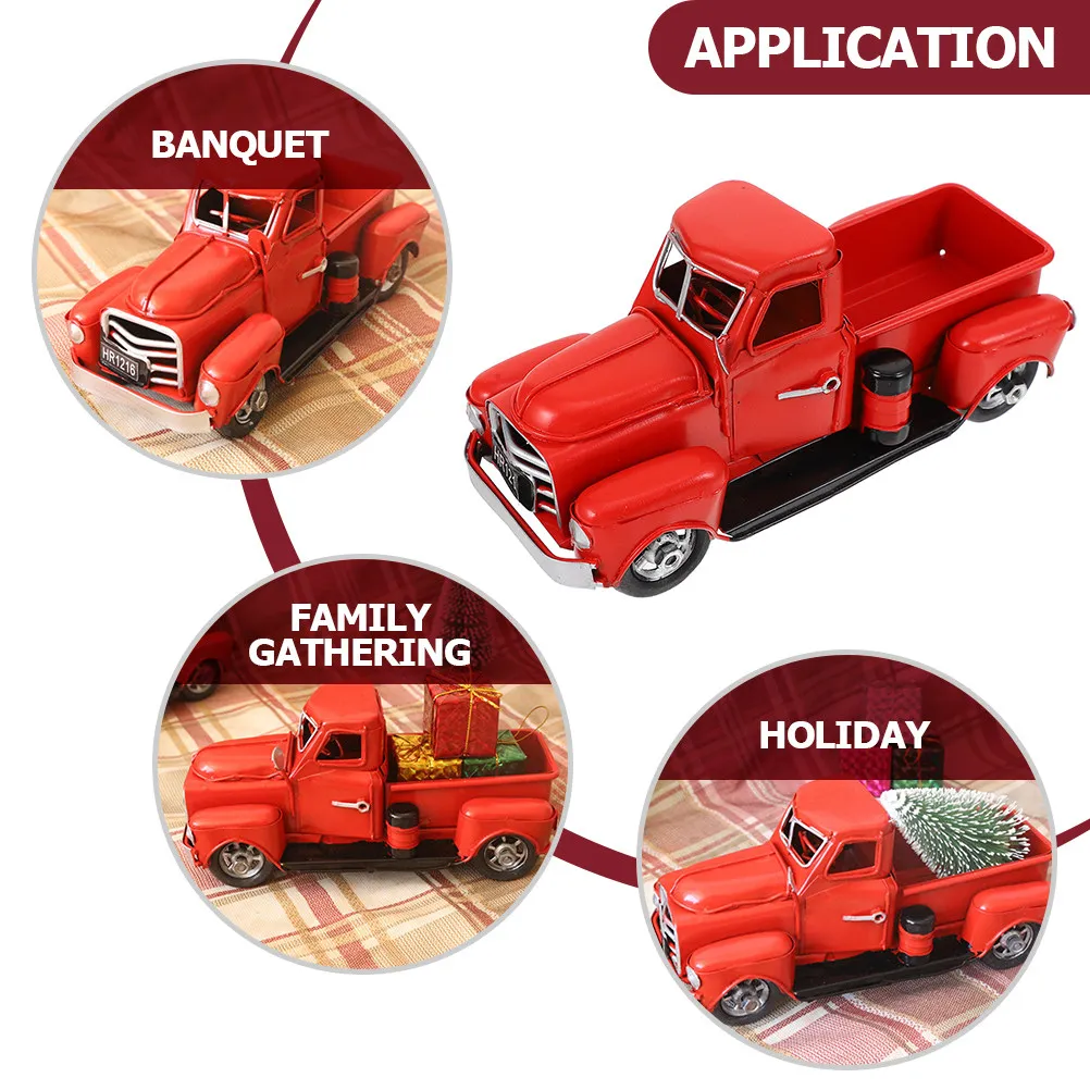 Christmas Red Truck Decor Vintage Iron Car Ornament Desktop Decoration Holiday Centerpiece Rustic Xmas Home Office Decor