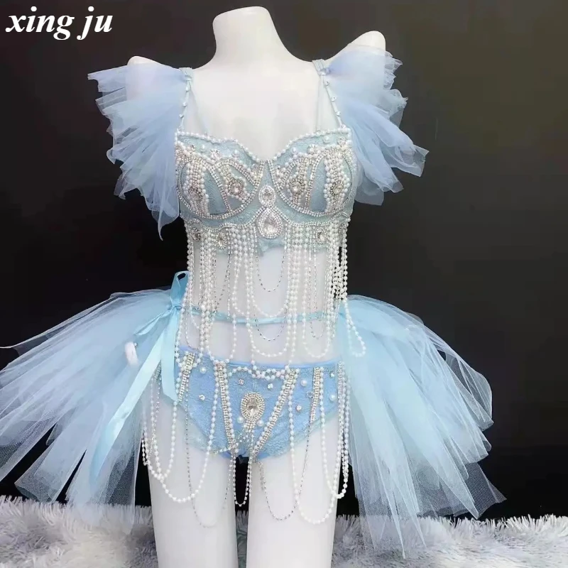 

Xing Ju Sexy Female Pearl Rhinestones Shorts Blue Set Women Nightclub Beading Tassels Tops Dance Show Stage Performance Costume