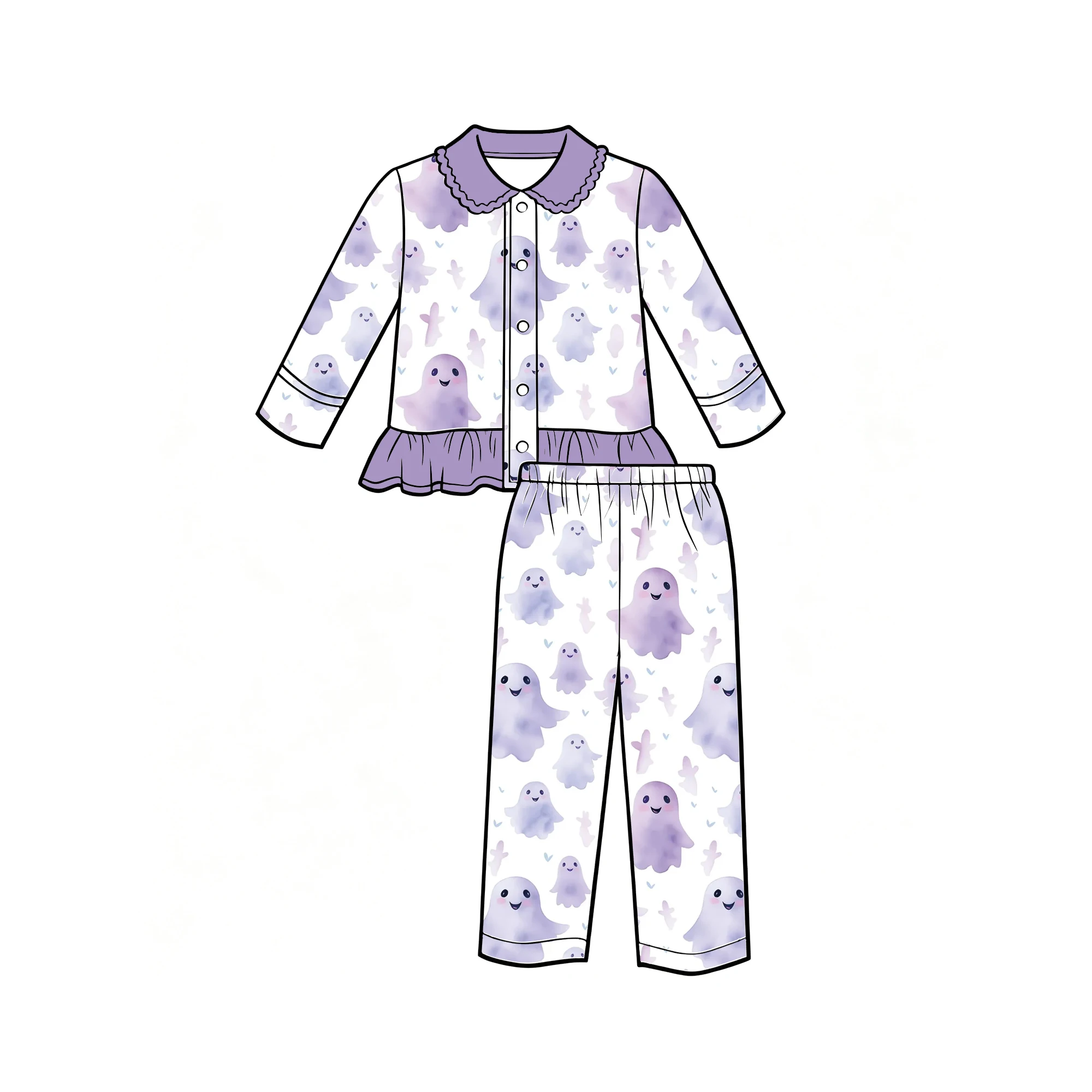 Custom Girls Halloween Outifts Kids Fall Pumpkin Bat Ghost Floral Long Sleeve Frill Hem Top Straight Pants Set