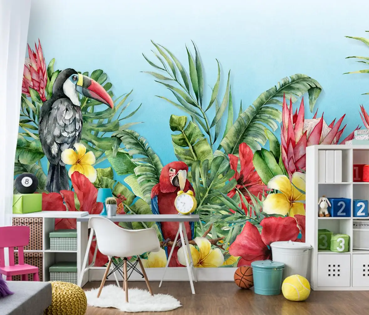 

Custom 3d wallpaper mural Nordic hand-painted small fresh medieval tropical plants flowers and birds background wall