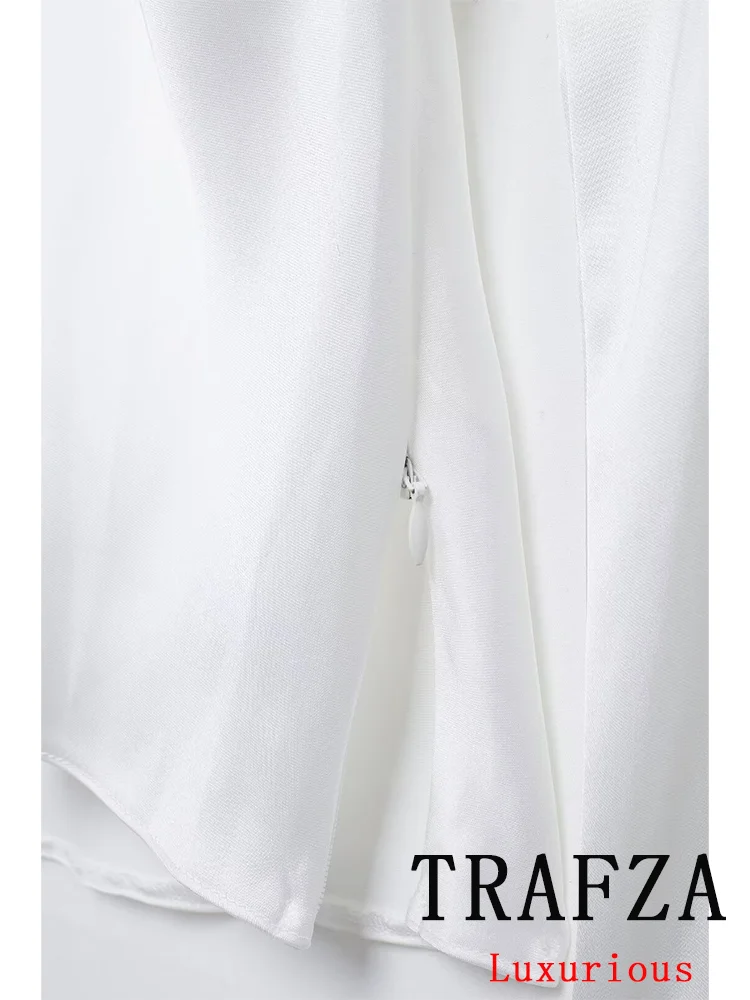 TRAFZA Vintage Casual Chic Solid Satin Women Blouse Bow Long Sleeve V-Neck Loose Shirts New Fashion 2024 Autumn Elegant Blouse