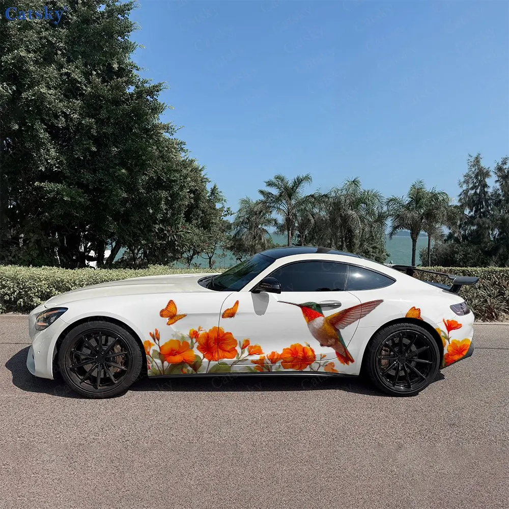 2pcs Hummingbird Orange Flower Clusters Car Side Wraps, Self-Adhesive PVC Waterproof & Scratch-Resistant Stickers, Car Accessory