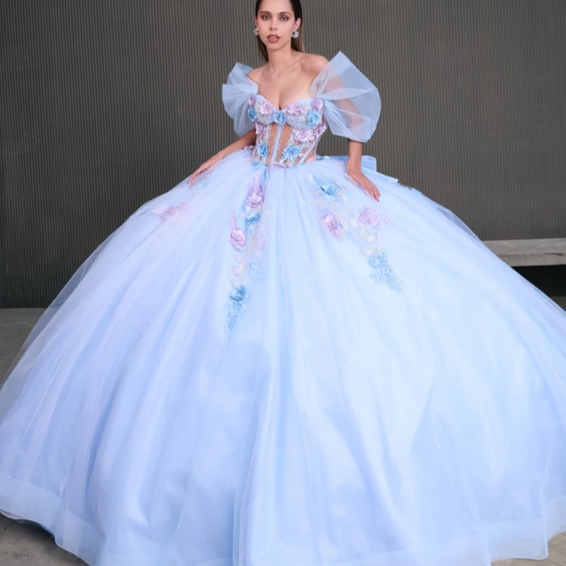 

Sky Blue Shiny Quinceanera Dresses Off Shoulder Ball Gown Sweet 16 Dress Applique Flower Beading Crystal Bow Tull Birthday Party