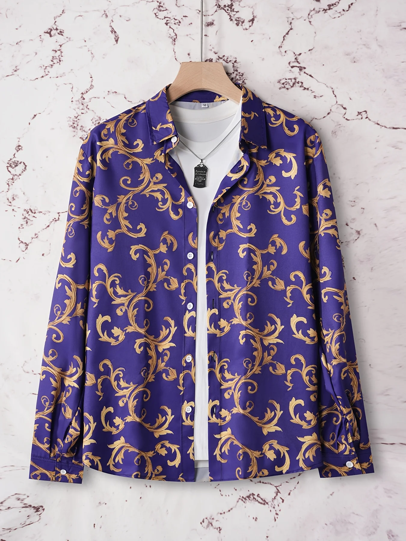 Men Long Sleeve Button Down Shirt Burgundy Gold Baroque Scroll Print Polyester Lapel Collar Party Dress