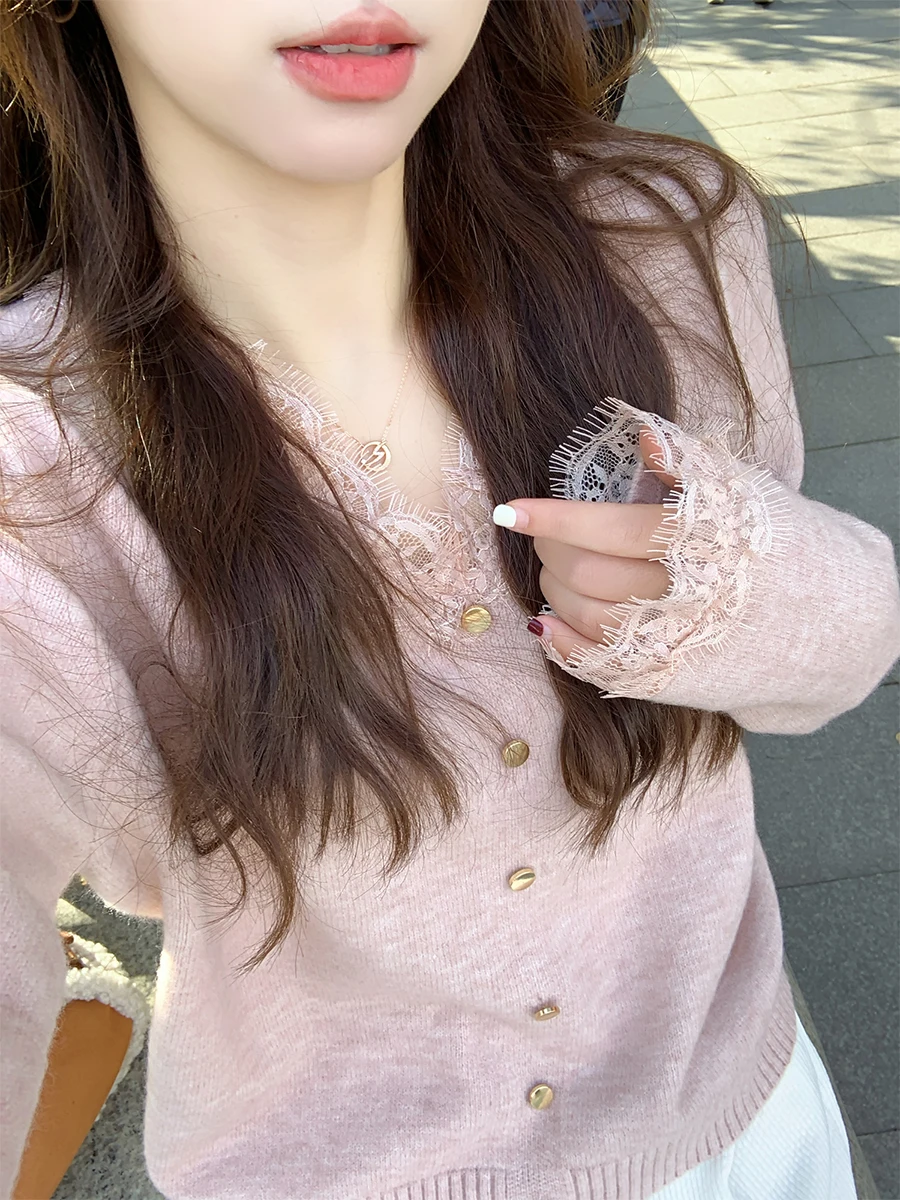 

Pink Lace Knitted Sweater Women's ort V-ne Base irt Commute Sle Korean Version Pure Desire Slim Fit Autumn Inner Wear