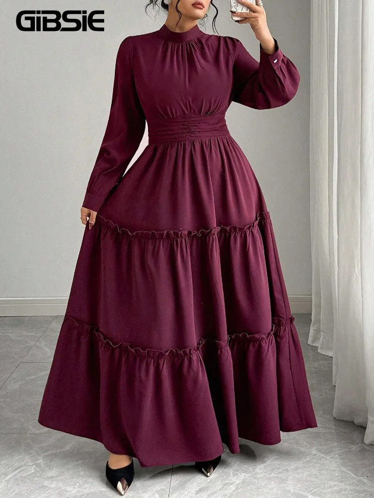 

GIBSIE Plus Size Mock Neck Long Sleeve Party Dress Women Spring Autumn Solid Frill Trim High Waist Vacation Big Swing Dresses