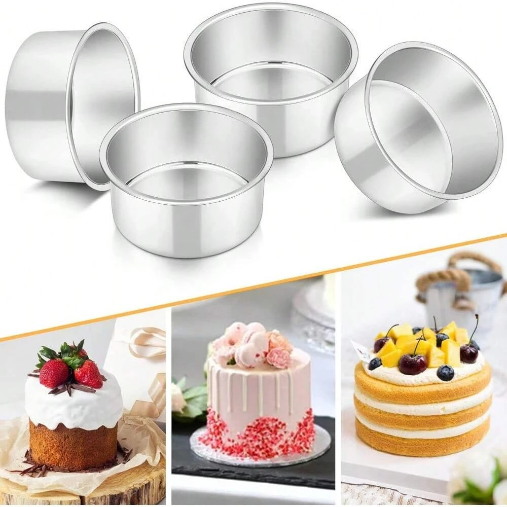 4PCS Small Aluminum Cake Pan 4 Inch Solid Baking Mold Easy Clean Round Baking Tins Bakeware for Mini Pizza