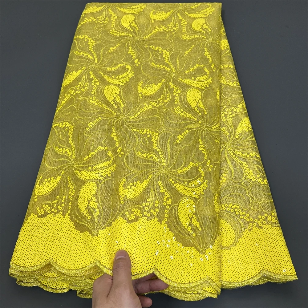 Golden Yellow Pink African Tulle Mesh Lace Fabric 3D Flower 2024 New 5 Yards Nigerian Lace French Net Sequins For Wedding PS0040