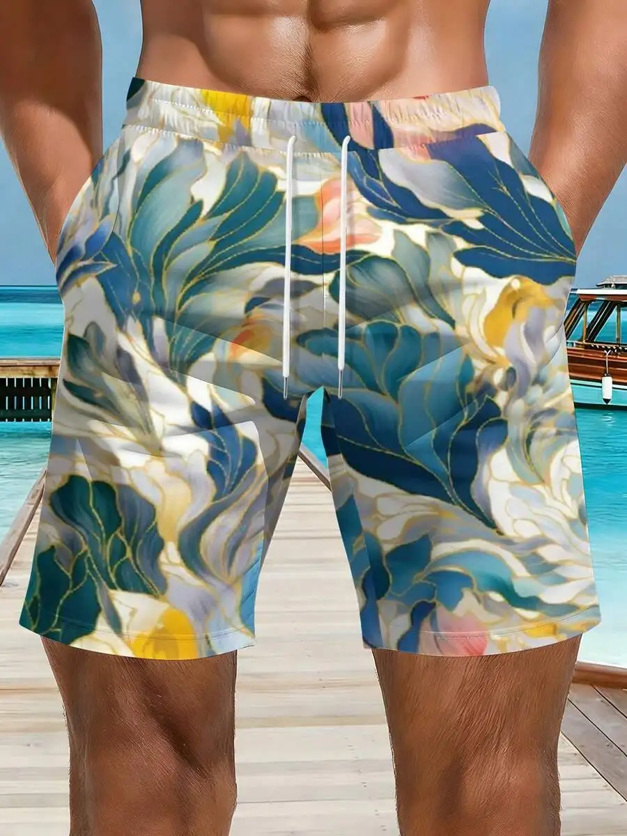 

Mens Floral Print Beach Shorts Tropical Leaves Blooms Design Summer Poolside Vacation Swim Trunks