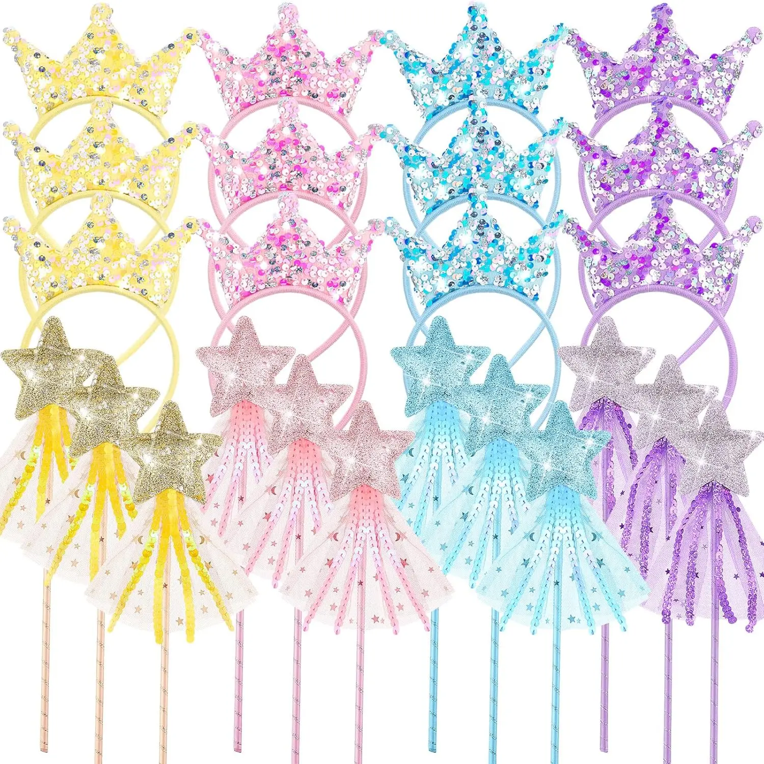 12 piezas de recuerdos para fiesta de princesas con varitas de estrellas con brillantina y diademas de lentejuelas para regalos de cumpleaños para niñas