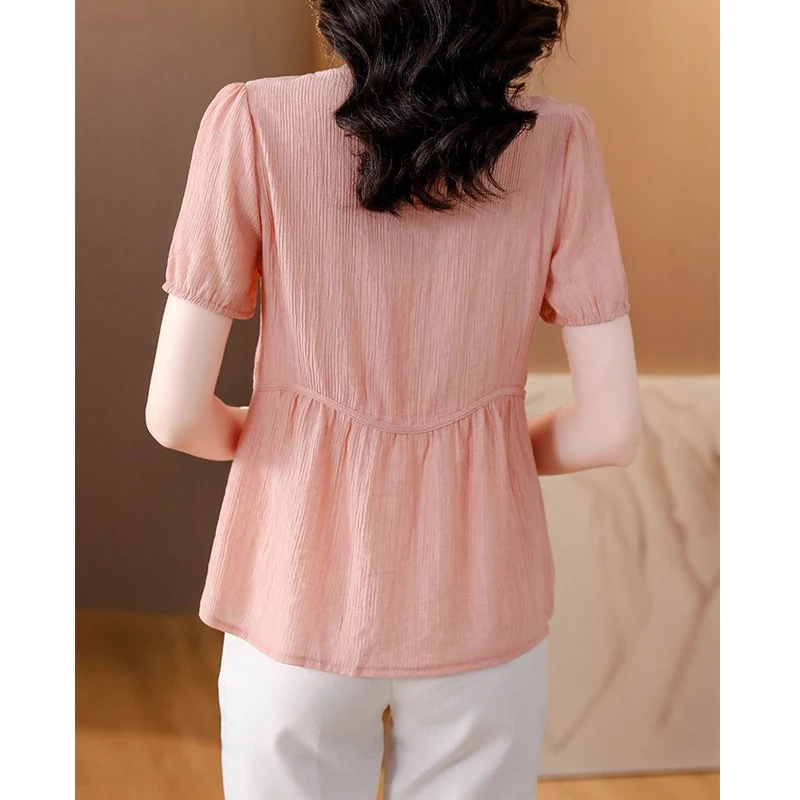 2024 Sommer Frauen koreanische Mode gekräuselte Bluse elegante Kurzarm Baumwolle Leinen hemd lässig solide schlanke Tops Blusas Para Mujer