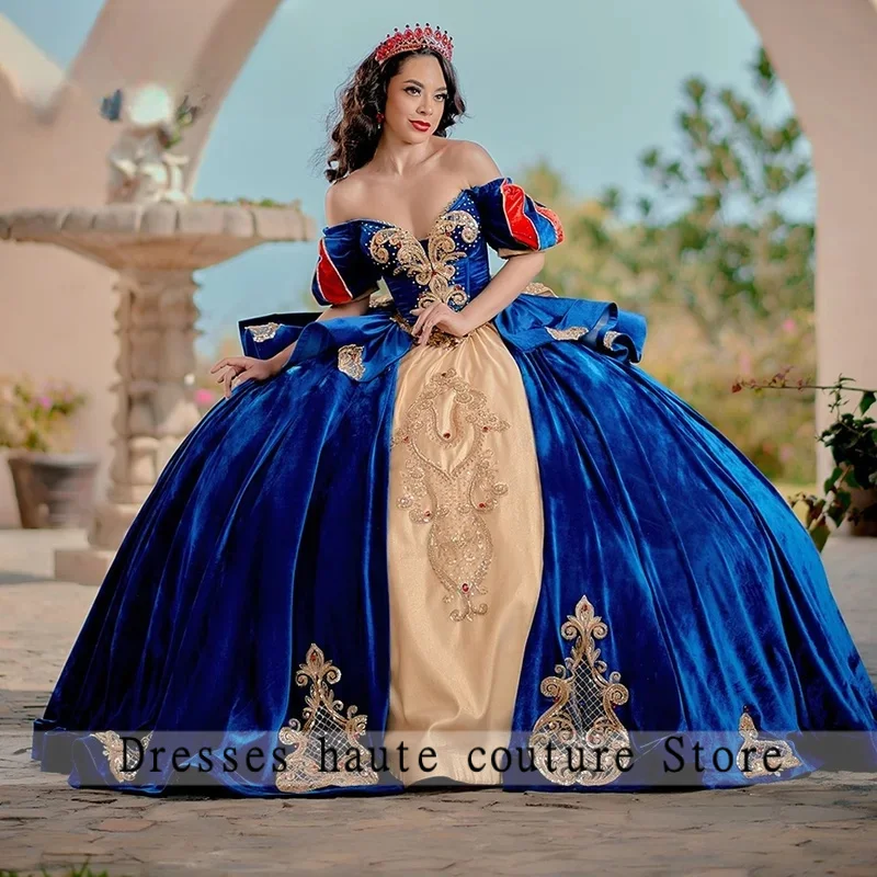فساتين الأميرة Quinceanera للفتيات مزينة بكشكشة مكشوفة الكتف رداء مخملي Princesse Bleu Femm مخصص