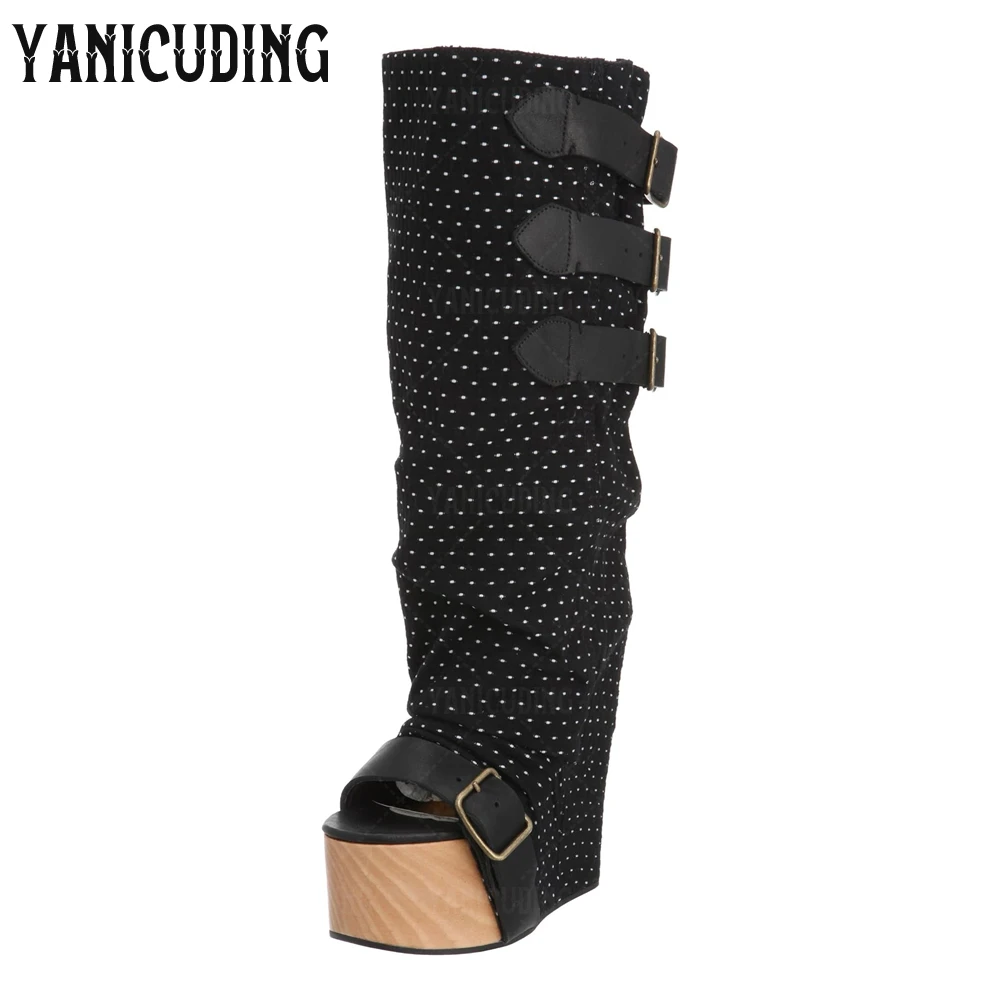منصة إسفين صندل الأحذية جولة المفتوحة تو التوى حذاء برقبة للركبة أبيض وأسود البولكا نقطة حزام مشبك أحذية الصيف للنساء