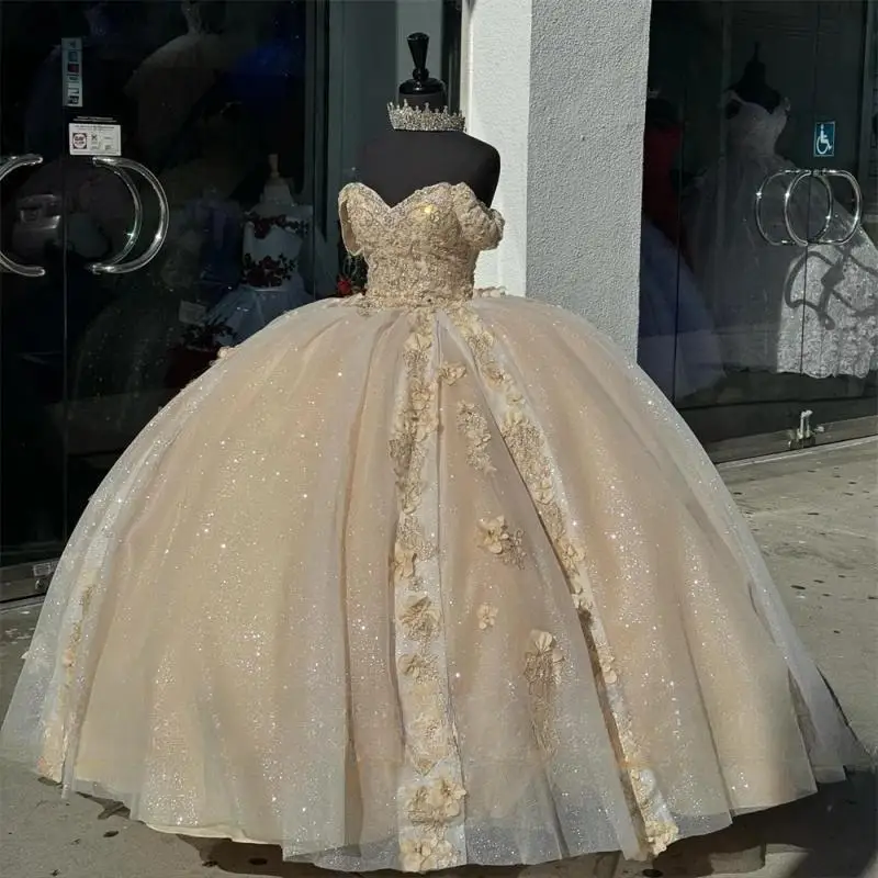 Glamoureuze Champagne Bloemen Applique Quinceanera Jurken Kralen Baljurk Formele Gelegenheid Jurk vestido para xv jaar Aangepaste