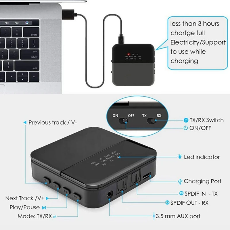 Aptx HD Bluetooth 5.0 Transmitter, Audio Adapter For 2 Headphones, With Display, Low Latency, Supports Fibre Optic Cable