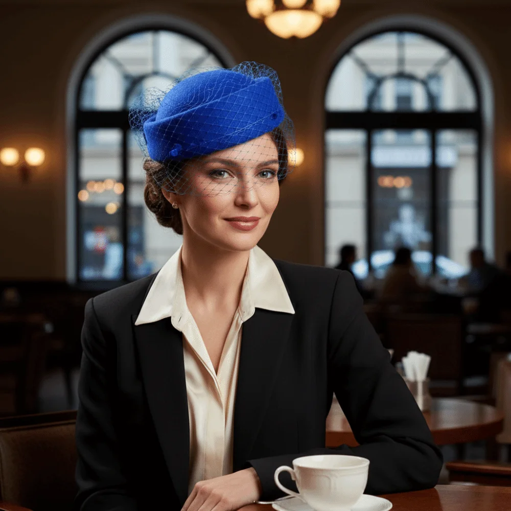 

Sweet Mesh Wool Bow Hat with Veil British Style Solid Color Stewardess Cap Cashmere Warm Pillbox Hat Party