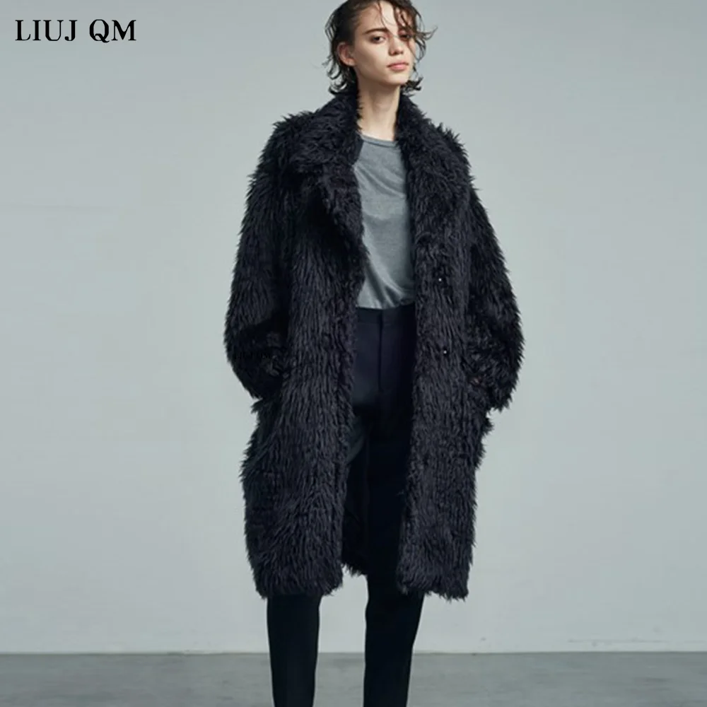 European Fashion Black Long Faux Fur Coat  Autumn Winter Women Warm Fluffy Plush Jacket Large Size Female Overcoat Outwear 2023