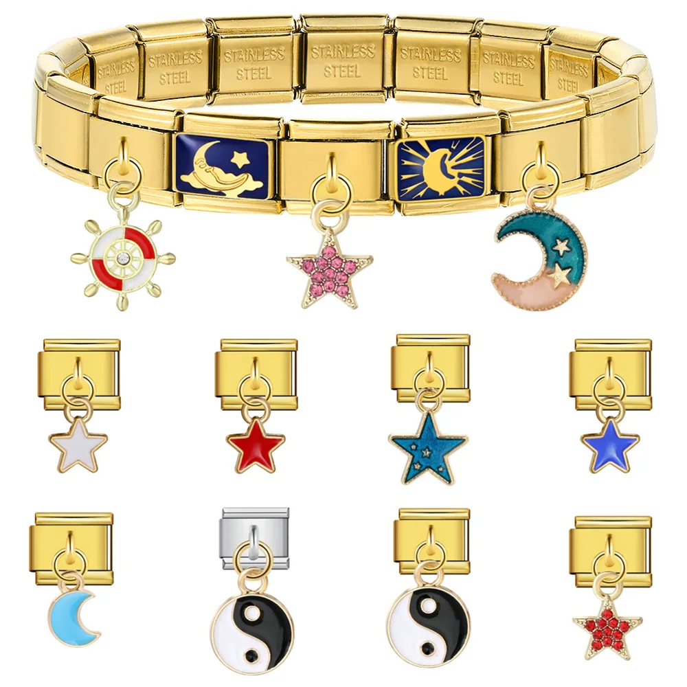 Creative Colorful Y2K Rudder Star Eight Diagrams Moon Pendant Stainless Steel Jewelry Link fit 9mm Italian Gold Color Bracelets