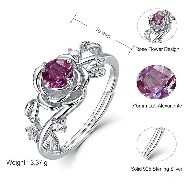 ALLNOEL 0.5ct Alexandrite 100% 925 Silver Rings For Women Color Changing Gemstone Flower Romance Wedding Gifts  June Birthstone