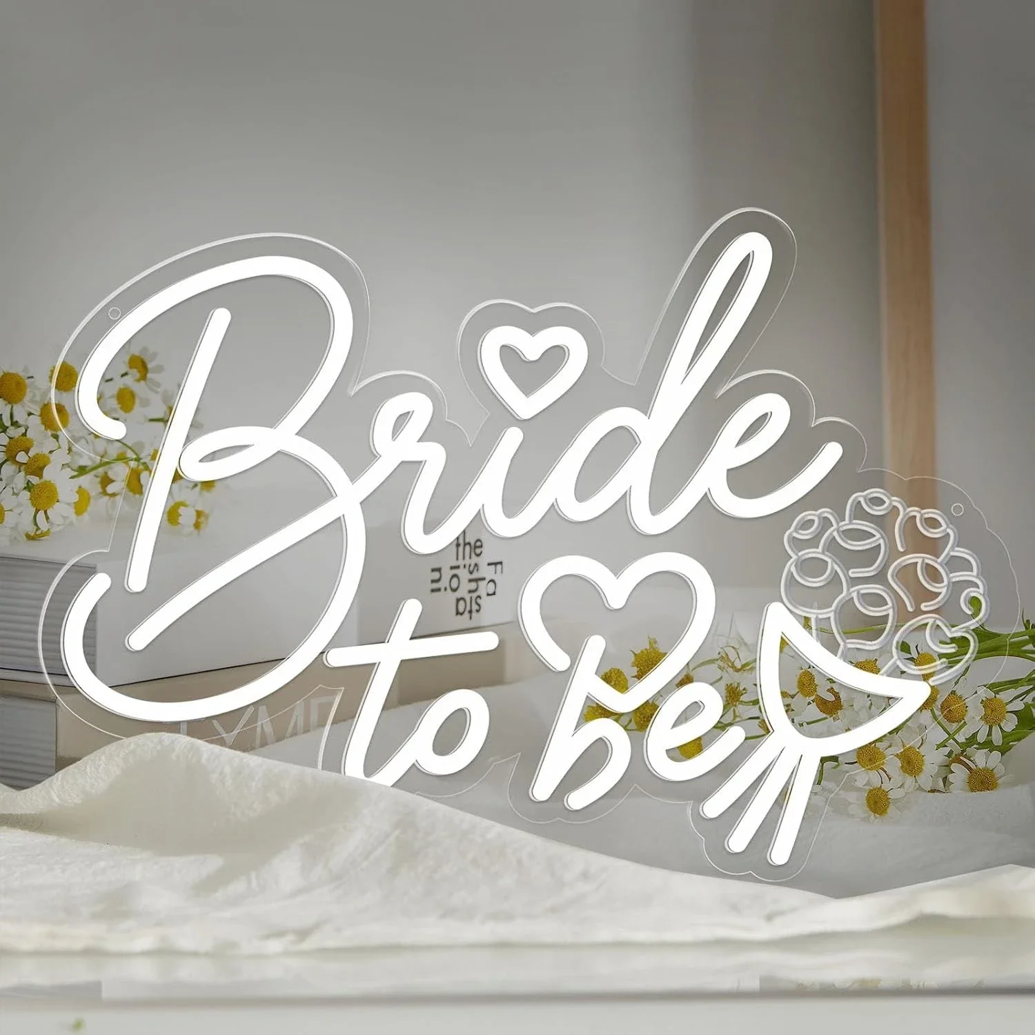 Bride To Be Neon Sign LED Wall Art White Heart Roses Script USB Powered Dimmable Acrylic Glow Lamp Bachelorette Party Decor