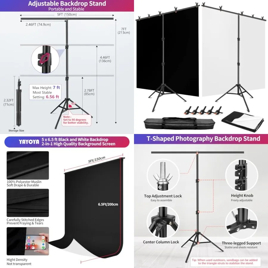 

Black White Backdrop Screen with Stand Kit 5x6.5ft for Photo Video Studio, 2-in-1 Revisible Black Backdrop White Screen with T-Shaped Photography Background Support Stand and 5 Clamps