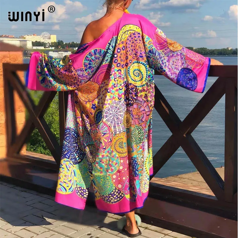 Imagem -02 - Winyi Europa Estilo Nacional Impressão Praia Boêmio Longo Cardigan Encobrimento Ponto Casual Boho Solto Feriado Quimono Cabolsa Kaftan