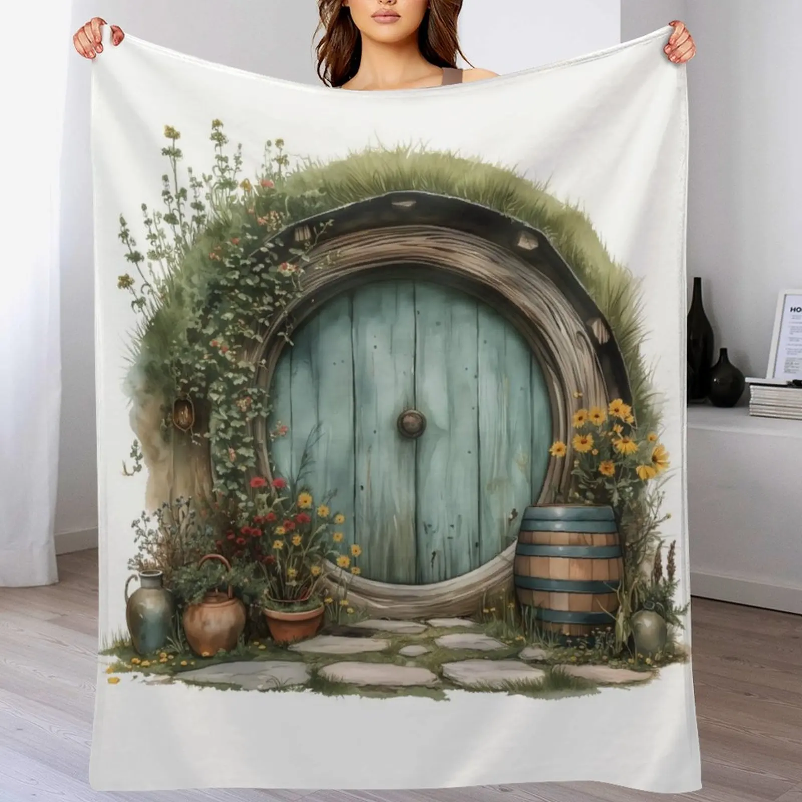 

Halfling Round Door in Watercolor - Fantasy Throw Blanket Plush Plaid on the sofa Luxury Throw Blankets