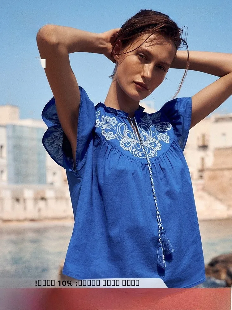 

Женская блузка H&M, весенняя, с вышивкой, свободного кроя, элегантная, для повседневной носки, с коротким рукавом, модель 28470, 100% хлопок, V-образный вырез, стандартная длина