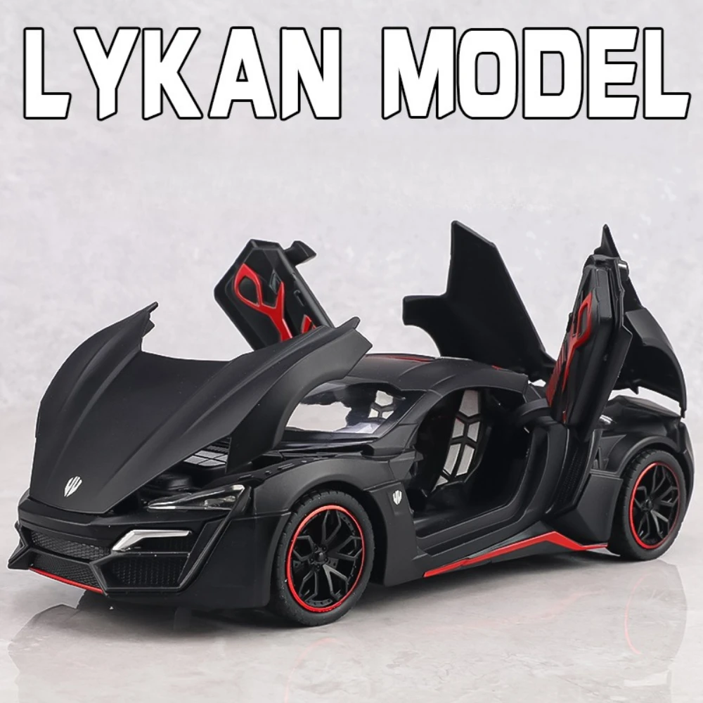1:24 Scale Lykan Cobra Car Model Toy Music Light Pull Back Doors Opened High Simulation Cars Models Hobby Gifts for Boys