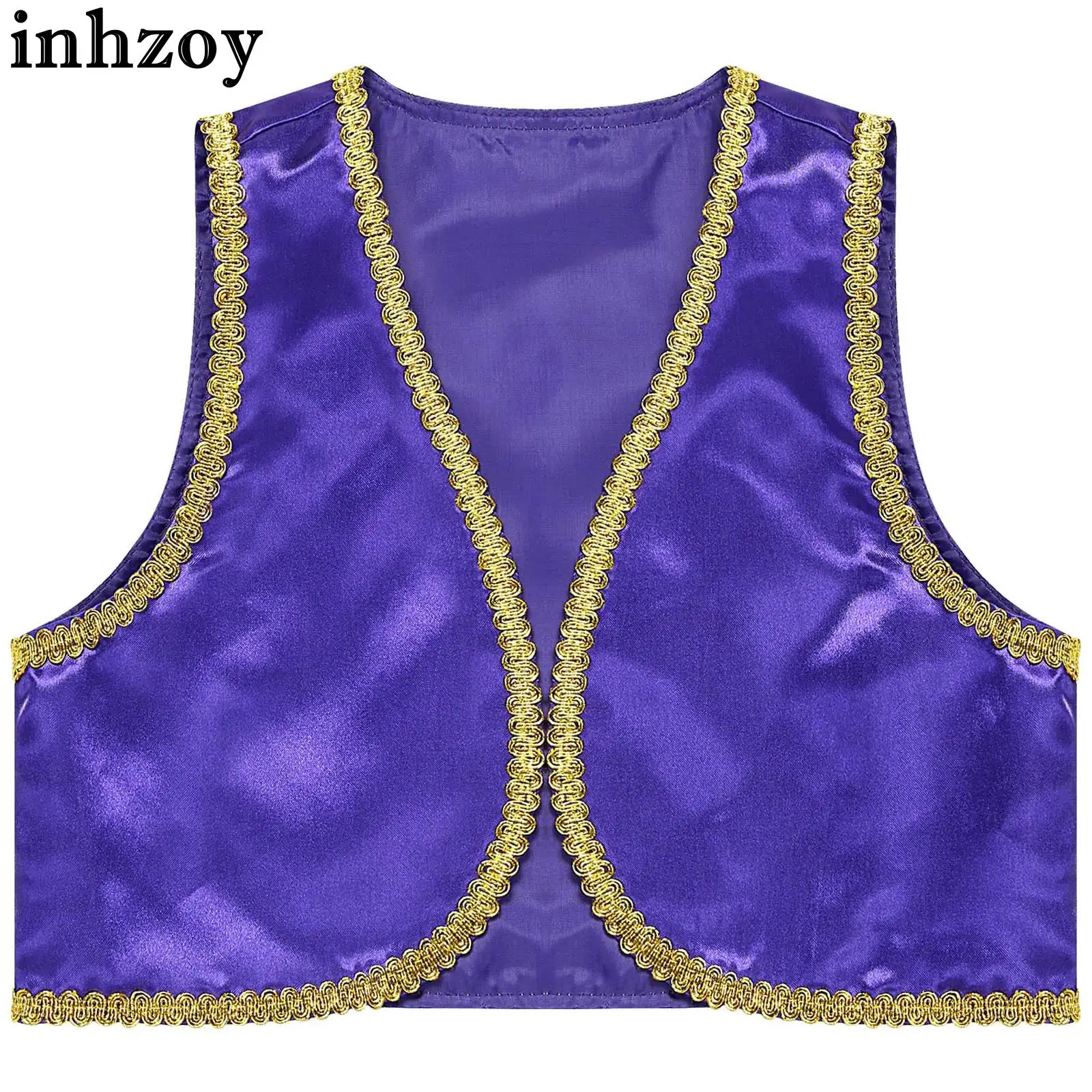 Kids Boys Arabian Prince Costume Halloween Fairytale Genies Cosplay Party Dress Up Open Front Golden Braided Trim Vest Waistcoat